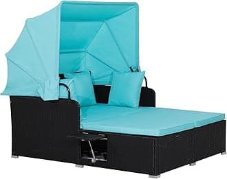 Patio Outdoor Daybed with Canopy, Wicker Sunbed w/Cushions, 4 Pillows & 2 Retractable Side Trays, 2-Person Lounge Bed Conversation for Poolside Porch Garden, Rattan Outdoor Bed (Turquoise)