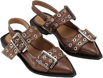 Aimery Women Buckle Ballet Flats Pointed Toe Slingback Wide Flat Casual Comfortable Ballerina Block Heel Shoes