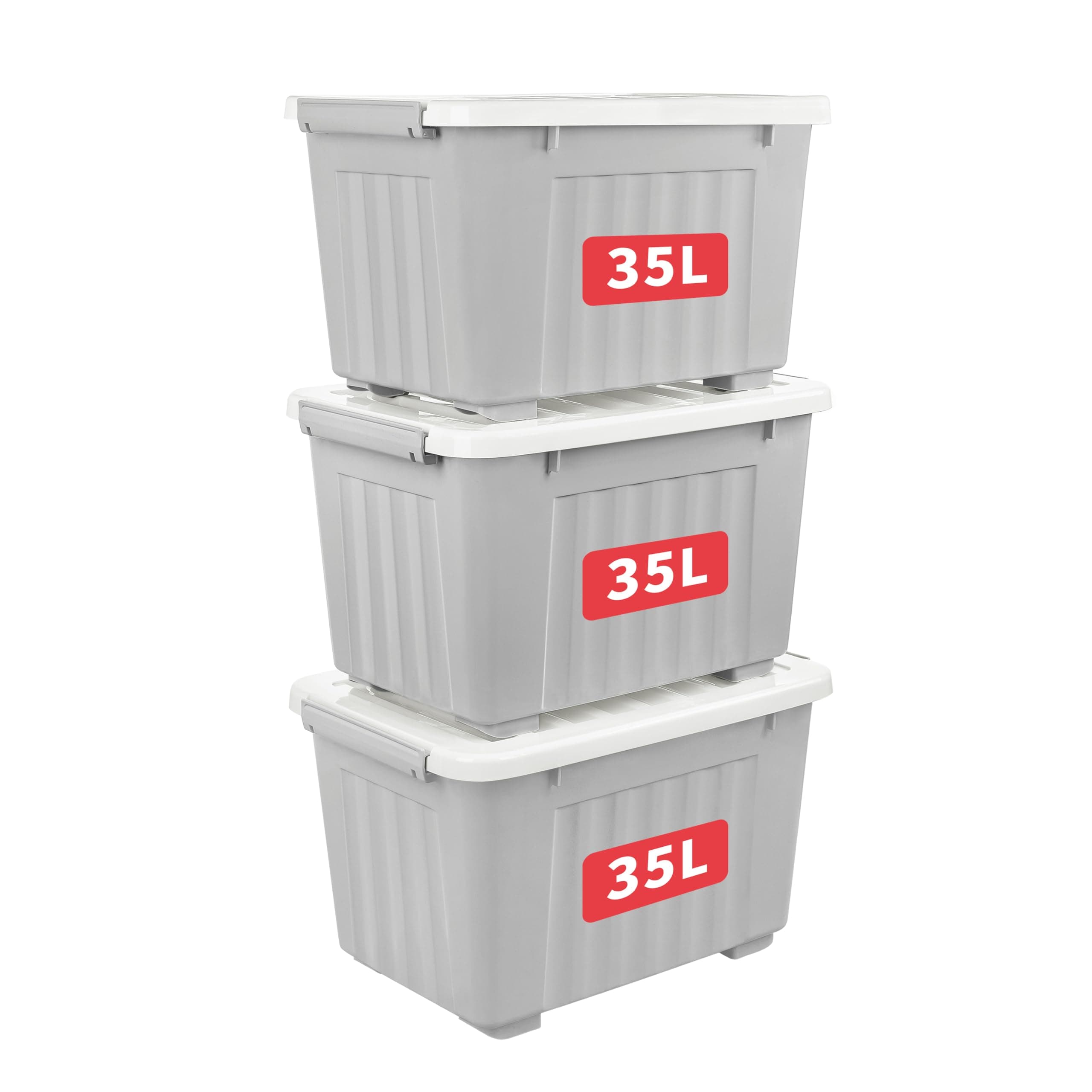 Cetomo 35L*3 Storage Boxes with Lids, Plastic Storage Box with Wheels and Secure Side Latches, Stackable & Nestable Organizer for Home, Office, Moving, PP, Gray, 35L-3 Pack