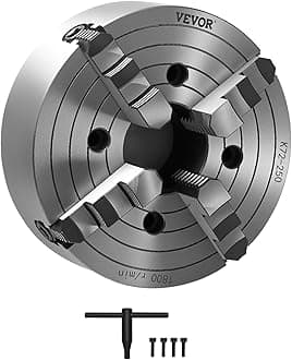 4-Jaw Lathe Chuck, 10 in (250 mm), Lathe Chuck, 0.6-9.84 in (15-250 mm) Clamping Range with T-key Fixing Screws Reversible Jaws, HT300 Cast Iron Material, Internal External for Wood Metal Lathe