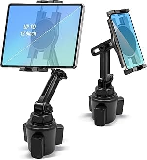 Cup Holder Car Tablet Mount, 360° Adjustable 2-Arm Stand Holder for iPad Pro 12.9/11/10.5/9.7/Air/Mini 6/5/4, Galaxy Tab/Z Fold 6/5, Amazon Fire HD, iPhone 16/15/14/Pro, 4.7-12.9" Tab & Phone