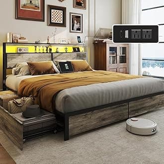 King Size Bed Frame with 4 Storage Drawers and Headboard with Charging Station and LED Lights,2 Tier Solid Wood Headboard Storage/Noise Free/No Box Spring Needed/Remote Control/Rustic Grey