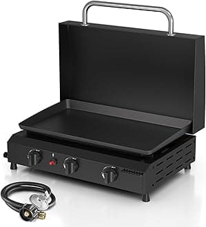 3 Burner BBQ Gas Griddle with Hood, 25.6 Inch Stainless Steel Portable Detachable Propane Griddle, 45,000 BTU Flat Top Barbecue Grill with Lid for Camping