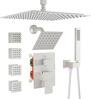 Enga Dual Shower Head Shower System with Body Jets, 12" Ceiling Mounted Rain Shower Head & 6" Wall Mounted Head Full Body Rainfall Shower Faucet with Valve Kit, Brushed Nickel