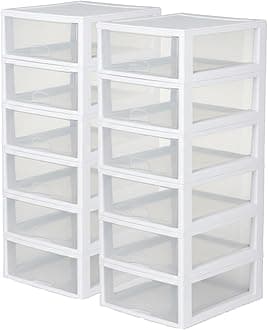 12-Pack 16 Quart Stacking Drawer, Clear Storage Closet Organizer, White Frame - Stackable Modular Plastic Drawers for Clothes, Accessories, Craft Supplies, Shoes or Linens