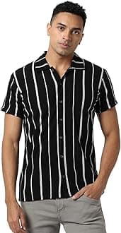 Campus Sutra Men's Black Striped Button Up Collared Regular Fit Shirt for Casual Wear | Shirt Crafted with Regular Sleeve, Comfort Fit & High-Performance for Everyday Wear