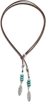 Turquoise Necklace, Vintage Lariat Necklace for Women, Boho Turquoise Choker Necklace Feather Pendant with Leather Cord, Handmade Western Style Jewelry