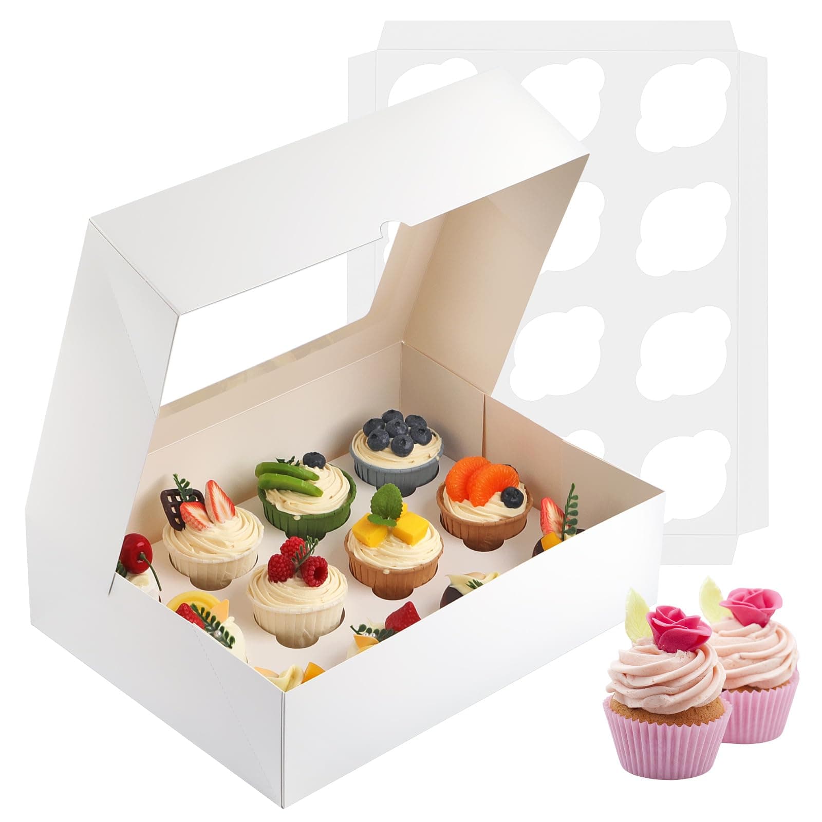 Cupcake Boxes, 2 Pack Disposable Cupcake Containers, Food Grade Cupcake Carrier 12 Count with Window and Inserts, Cupcake Transport Holders Bulk for Muffins Cookies Treats Dessert（White）