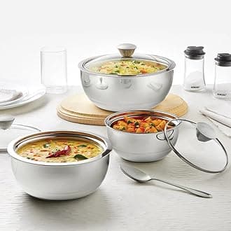 Borosil Stainless Steel Curry Server (Silver, 500ml, 900ml, 1.5L) - 3 Pc Set
