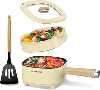 Audecook Electric Frying Pan with Steamer, Upgraded Ceramic Nonstick Frying Pan, Electric Ramen Pan for Steak, Eggs, Fried Rice (J (Beige/2L with Steam Cage))