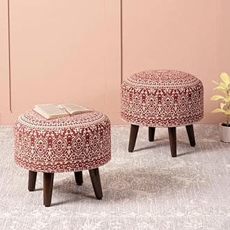 nestroots Set of 2 Wooden Ottoman Stools for Living Room | Printed Pouffes for Sitting, Foot Rest with 4 Wooden Legs | 14 Inch Height, Red | Stylish & Comfortable Furniture for Home Décor