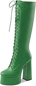 Women's High Chunky Heel Platform Knee High Boots Fashion Leather Lace Up Heeled Long Boots Wide Calf