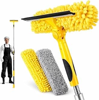 18FT High Reach Window Squeegee with Extension Pole, 2 in 1 Window Washing Kit with 3-Stage Telescopic Pole & Rotatable Head, No-Ladder Window Cleaner for High Window, Solar Panel, RV & Outdoor Glass