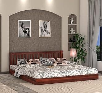 Wooden Low Height King Size Bed Without Storage | Wooden Platform Double Bed | Space Saving Low Floor/Lying/Rise/Level/Profile Cot Bed for Bedroom | Basic Headboard | Honey