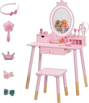 - Kids Vanity Set with Lighted Mirror, Princess Make Up Dressing Table and Stool Set w/Jewelry Storage Rack & Make Up Brush Holder, Wooden Children Vanity Table Pretend Playset for Girls