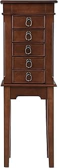 Hives and HoneyKennedy Jewelry Armoire - Modern Wood Storage Organizer with Necklace Hooks, 5 Drawers, and Vanity Mirror, Walnut
