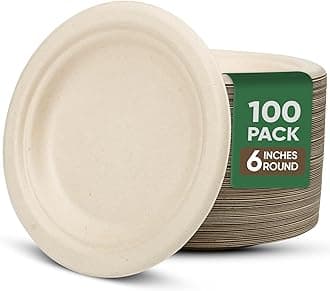 Paper Plates 6 Inches, 100 Pack Disposable Plates – 100% Compostable Plates, Water & Oil Proof Dessert Plates, Microwavable Small Paper Plates, Perfect Paper Plate for Party - Brown