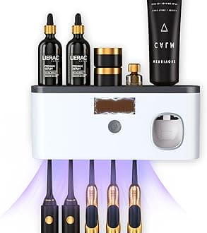 CPOTAM Wall Mounted Toothbrush Holder with Toothpaste Dispenser Electric Toothbrush Holder for Bathroom Solar Charging and No Drilling Required Smart Toothbrush Organizer with 5 Brush Slots