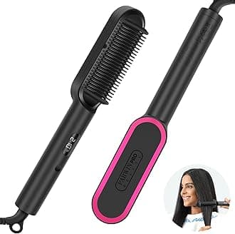2 in1 Ionic Hair Straightener Brush, Hair Straightener Brush with 20s Fast Heating, Anti-Scald Design, 4 Heating Settings & LED Display, Keratin Ceramic Coating, Dual Voltage