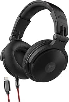 Over Ear iPhone Headphones with Lightning Connector (Apple MFi Certified) – Closed Back Studio DJ Monitor Earphones (50mm Neodymium Drivers) (V200 Black/Red)