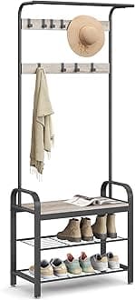 Coat Rack, Hall Tree with Shoe Bench for Entryway, Entryway Bench with Coat Rack, 4-in-1, with 9 Removable Hooks, a Hanging Rod, 13.3 x 28.3 x 72.1 Inches, Greige and Black UHSR40MB