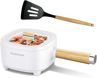Audecook 2L Electric Stove, Upgraded 24cm Nonstick Ceramic Frying Pan, Multifunctional for Steak, Eggs, Ramen, Oatmeal, Soup (White/No Steamer)