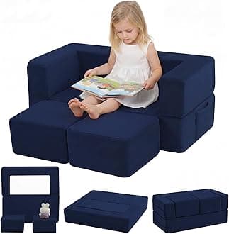 MeMoreCool Convertible Modular Kids Couch – Foam Toddler Sofa with Washable Removable Cover, Soft Plush Fold-Out Floor Couch for Bedroom (Navy)