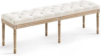 LUE BONA 60" Fabric End of Bed Bench, Upholstered Tufted French Bedroom Bench with Carved Legs for Bedroom End of King Size Bed, Living Room, Beige