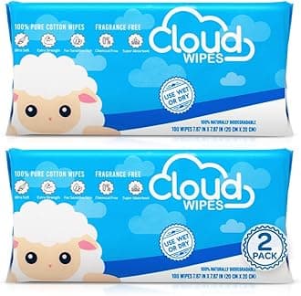 CLOUDWipes Pure Dry Cotton Baby Wipes Soft Durable Unscented Cloth Tissue for Sensitive Skin (2-Pack 200 Count)