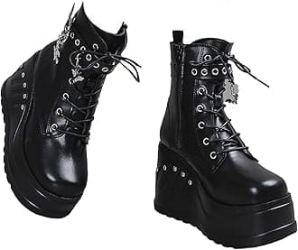ZKXYFFS Platform Ankle Boots for Women Chunky High Heel Booties Goth Round Toe Combat Wedges Boots Buckle Studded Motorcycle Booties