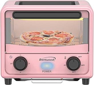3 Liter Stainless Steel Mini Toaster Oven and Griddle with Timer, Adjustable Temperature, Removable Crumb Tray, and Cool Touch Handle (Pink)