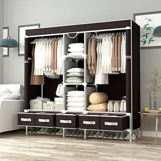 Canvas Wardrobe with 5 Drawers, 185x45x175cm Wardrobe for Bedroom Cupboard Clothes Storage Solution, with Hanging Rail Storage Shelves