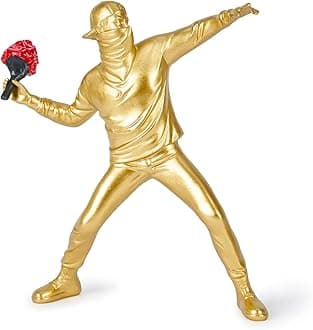 Banksy Flower Thrower Sculpture, 8.5 inch Banksy Street Graffiti Art Statue Replica, Cool Stuff to Put on Shelves, Inspirational Sculpture Gifts Peace Hope, Gold Accent Statue for Home Decor