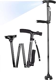 SUEH DESIGN Folding Walking Stick with LED Light for Men and Women, Adjustable Heights, Collapsible Elderly Walking Cane with Side Handle