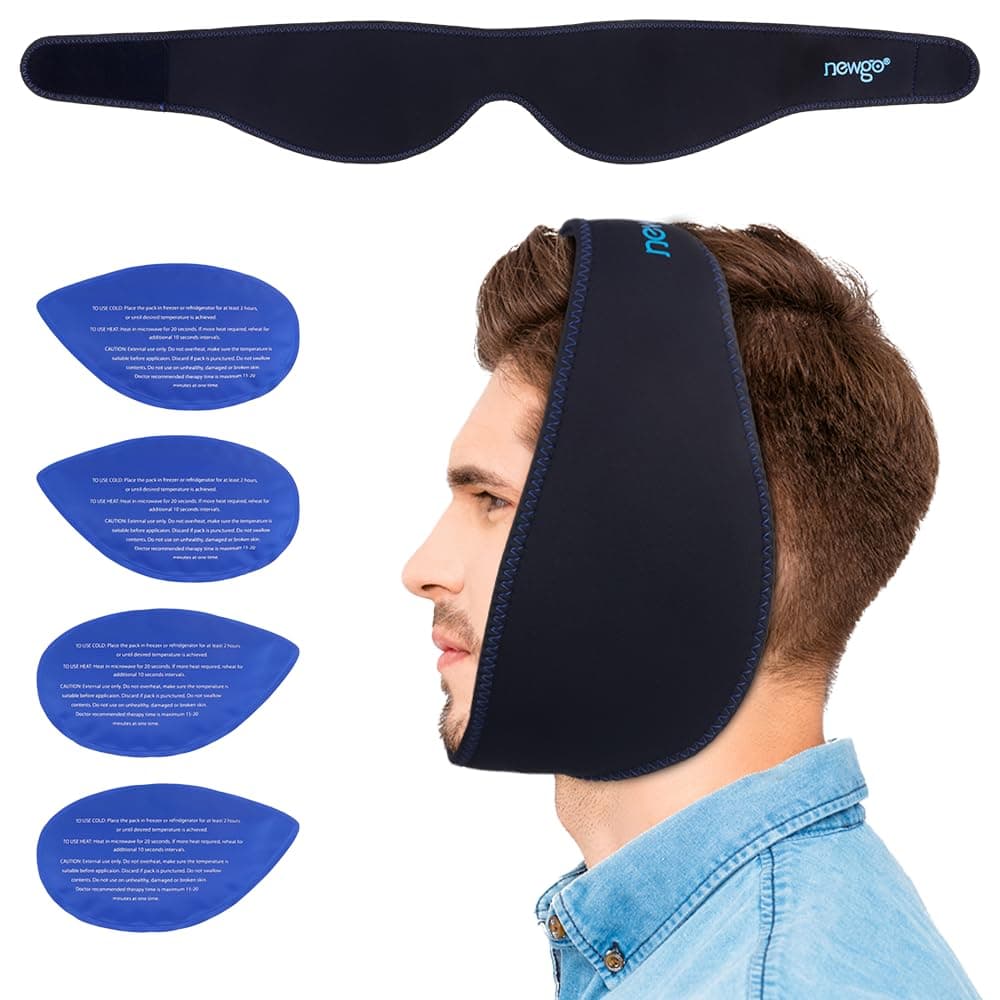NEWGO Wisdom Teeth Ice Pack Head Wrap Jaw Ice Pack for Face, Oral Surgery Pain Relief, FSA or HSA Face Ice Pack with 4 Hot/Cold Packs for Facial, Chin, Jaw - Black