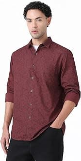 Men’s Slim Fit Full Sleeve Casual Shirt in Slub Cotton with All-Over Leafy Print