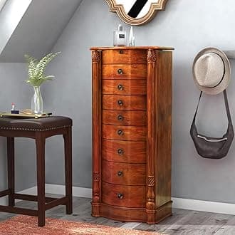 Alveare Home Louisa Standing Locking Jewelry Armoire – Wood Storage Cabinet with Mirror, 8 Drawers, Necklace Hooks, Ring Rolls & Cord Organizing Port – Safe & Elegant Organizer, Oak