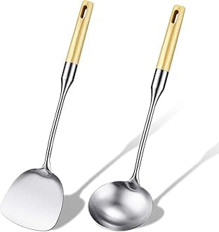 Stainless Steel Wok Spatula and Ladle Tool Set Stir Fry Cooking Utensil Set Cooking Tools Spoon and Turner with Wooden Handle for Home, Hotel, Restaurant