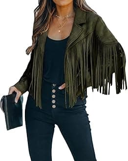 CHARTOUCasual Faux Leather Jacket Women Motorcycle Jacket Fringe Cropped Jacket Utility Tassel Suede Moto Jacket