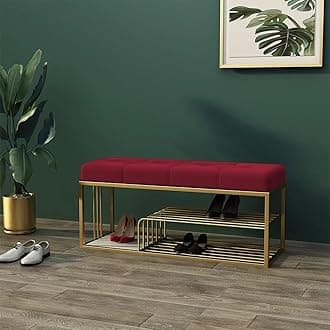 Metal End of Bed Bench-Upholstered Entry Shoe Storage with Nailhead Trim,Black Mental Frame Ottoman Bench for Bedroom Entry Window Mudroom Living Room (Maroon)