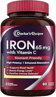 Doctor's Recipes Iron Supplement 65 mg with Vitamin C - Maximized Absorption & Stomach Friendly Iron Pills for Red Blood Cells Formation, Heart, Brain & Immunity Health - Vegan Non-GMO 60 Iron Tablets