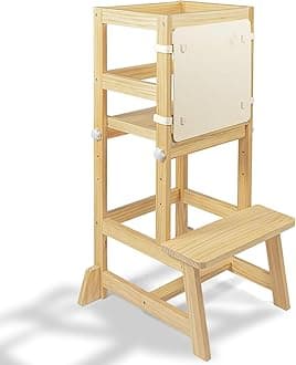 WOOD CITY Kitchen Stool Helper for Kids with Non-Slip Mat, Toddler Standing Tower for Learning, Wooden Toddler Stepping Stool for Counter & Bathroom Sink (Burlywood-Adjustable)