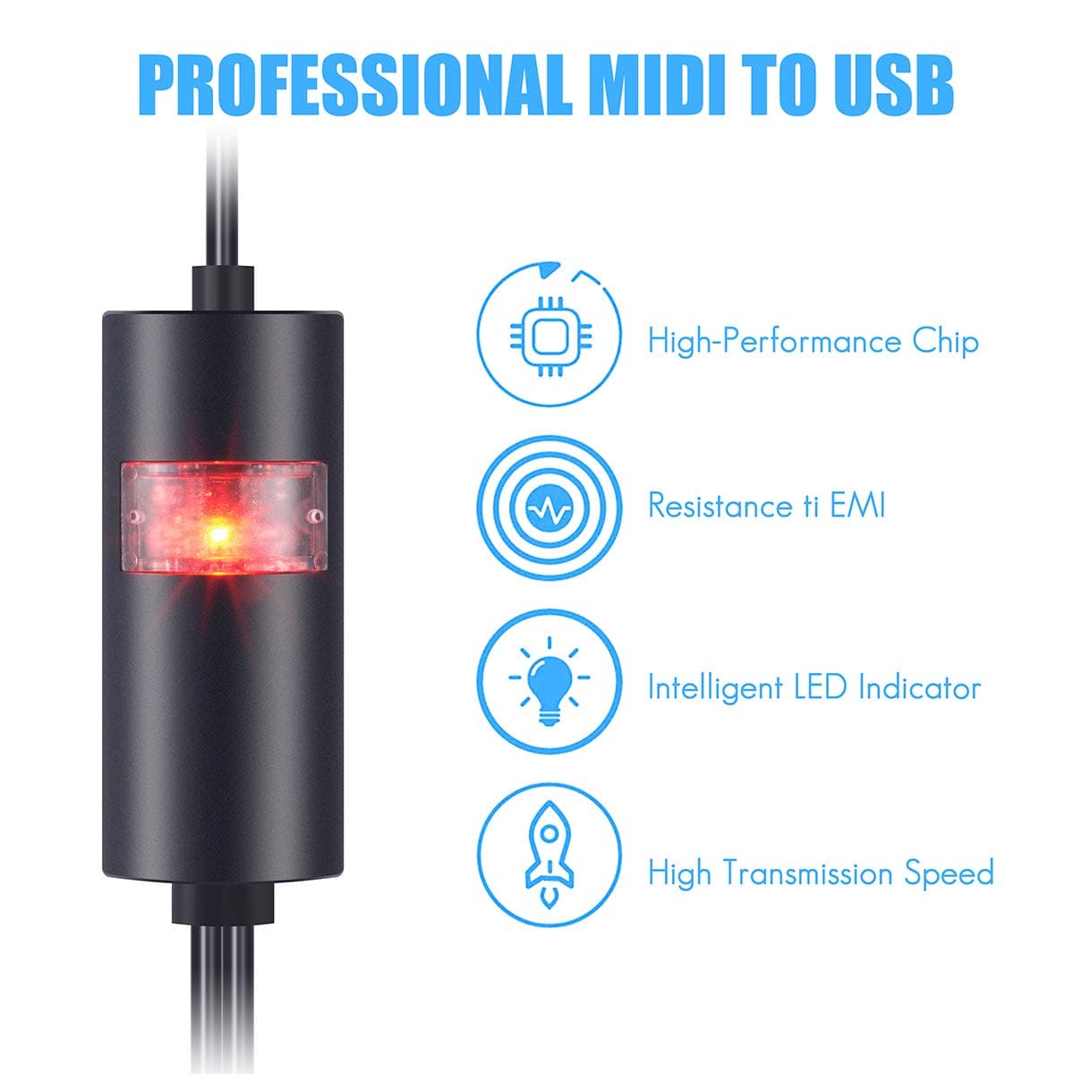 MIDI USB Interface Cable Adapter With Input & Output for Piano Keyboard/Synthesizer, Professional Recording & Editing on Windows/Mac, Black (6.5Ft)