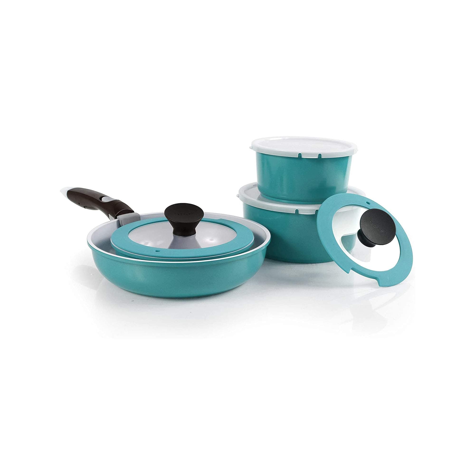 Midas PLUS 9-piece Ceramic Nonstick Cookware Set with Detachable Handle, Emerald Green, Space-Saving