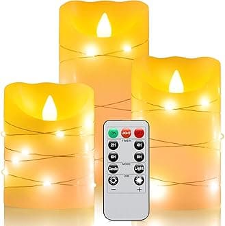 Flameless Flickering LED Candle with Remote Control, 3 Pack Battery Operated Real Wax Pillar Candle with Embedded String Lights, Ideal for Wedding, Home Decor and Holiday (Ivory)