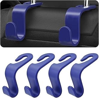 Hanemia 4PCS Car Back Seat Headrest Hooks, Rear Car Seat Storage Headrest Hanger Holder Hooks Organizer, Universal Auto Interior Accessories for Bag Purse Handbag Cloth Coats Grocery (Blue)