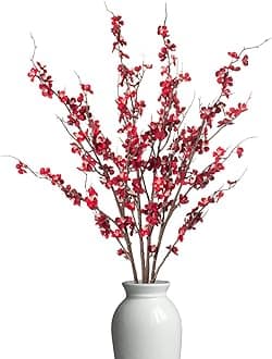 4Pcs Cherry Blossom Branches Artificial Flowers for Spring Summer Indoor Decoration,Faux Long Stem Artificial Flowers for Wedding Home Office Bedroom Party Table Centerpieces Decor(Red)
