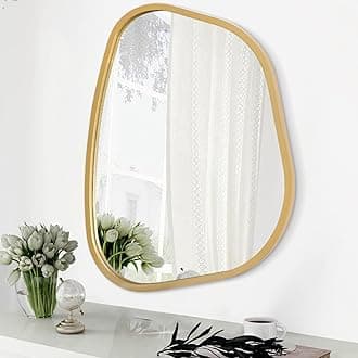 Gold Asymmetrical Mirror Large 20"x16" Irregular Oval Wall Mirror Modern Wood Frame Unique Shape Wall Mounted Vanity Artistic Mirror Decorative for Living Room Bedroom Bathroom Entryway