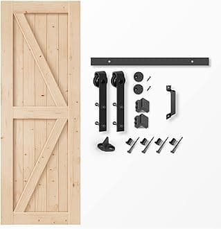 EaseLife 32in x 84in Sliding Barn Door with 5.5FT Barn Door Hardware Kit & Handle Included,DIY Assemblely,Easy Install,Interior Rooms & Storage Closet,K-Frame,Natural