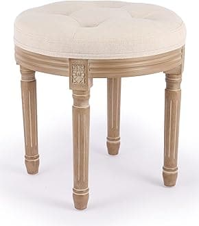 VONLUCE Ottoman Vanity Stool, 18" French Vintage Round Small Ottoman Stool with Cushion & Wood Frame, Tufted Upholstered Stool for Living Room Dining Room Entryway, Makeup Foot Stool Foot Rest, Beige